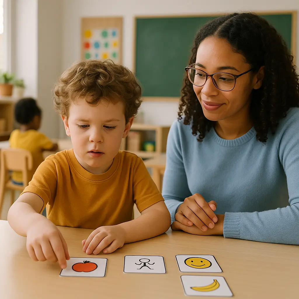 Child with autism using visual aids in a classroom setting with teacher support