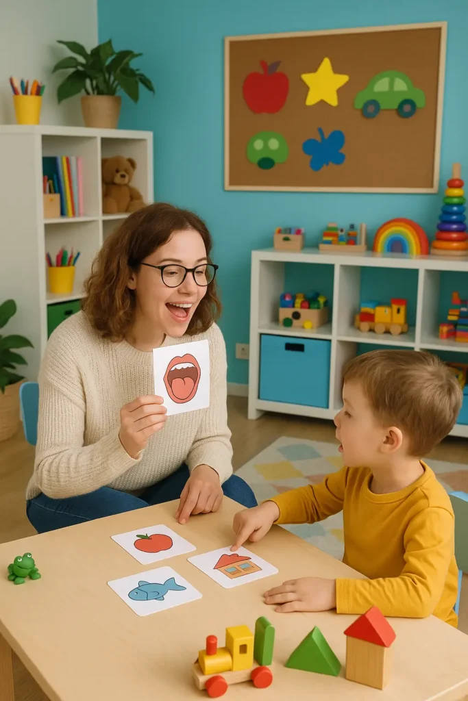 Speech therapist helping a young child practice language skills with picture cards.
