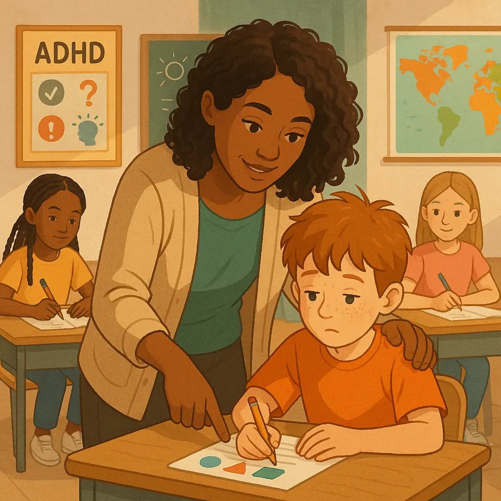 A teacher is helping a child with attention deficit hyperactivity disorder (ADHD) do homework in class.