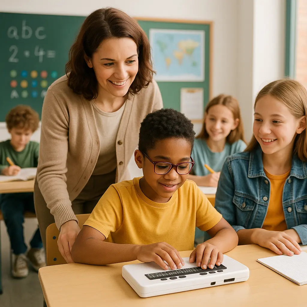 Understanding Vision Loss in Children: Causes, Signs, and Support Strategies In a visual about vision loss in children, a teacher supports a student using a Braille device in a classroom full of smiling students.