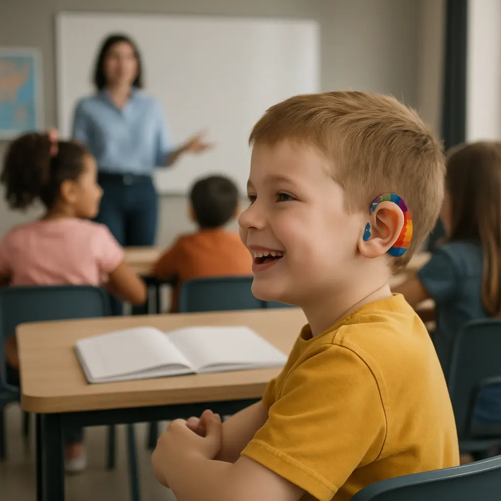 Child with hearing loss using a hearing aid in classroom activities.