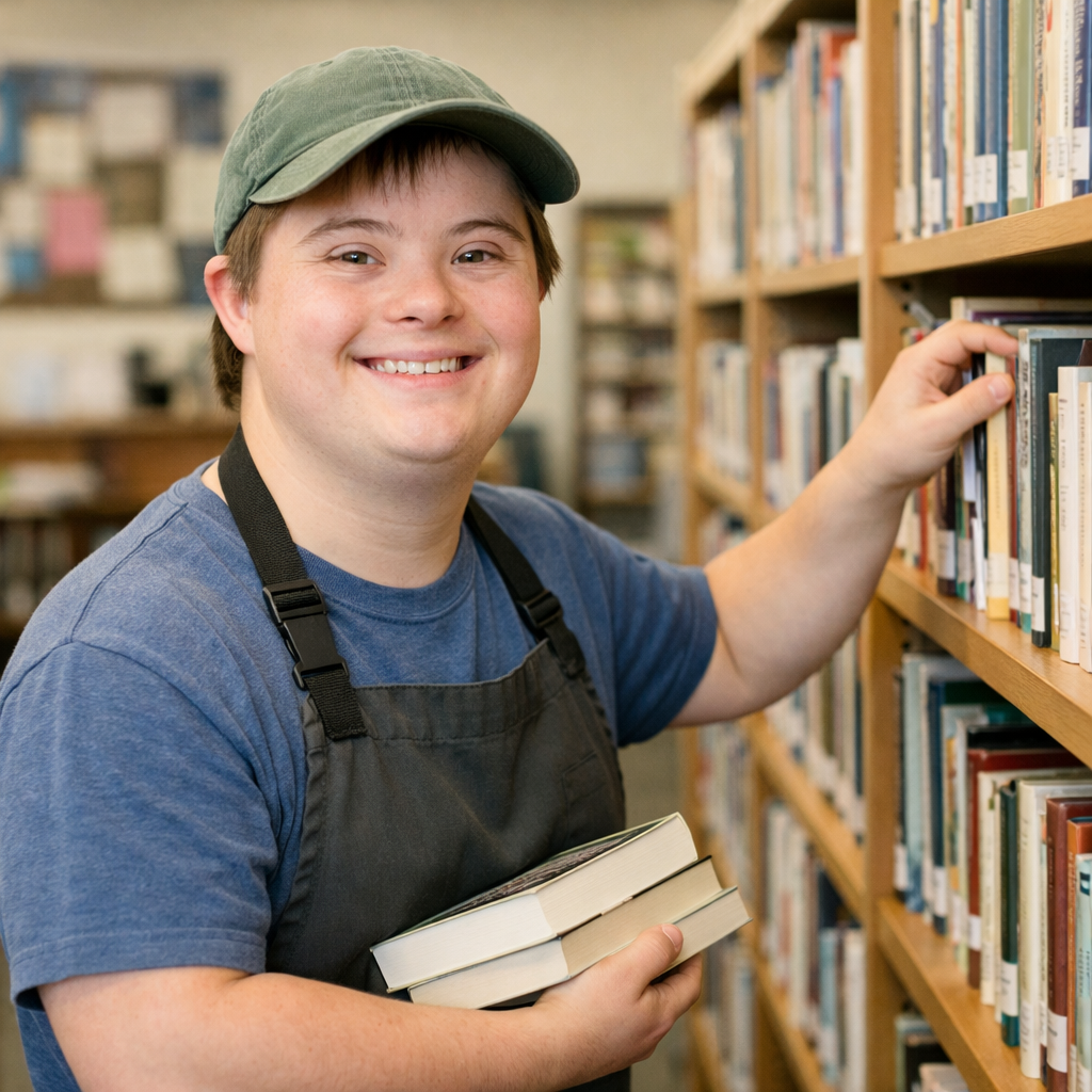 A young adult with mild intellectual disability thriving in a supported employment setting, showcasing positive long-term outcomes.