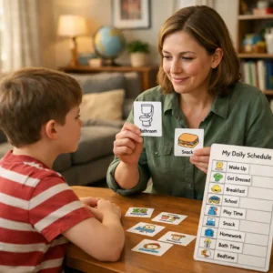 Ways to Communicating With Autistic Children at Home Parent using visual communication strategies with an autistic child at home