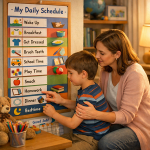 Daily Routines for Children with Autism: Why Structure Matters at Home Visual daily routine chart supporting a child with autism at home