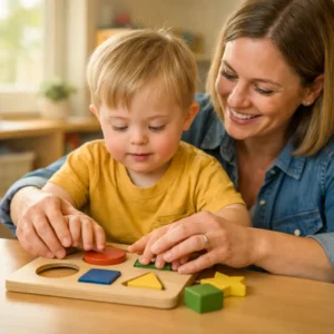 Down Syndrome and Intellectual Disability: Developmental Milestones and Early Intervention Guide A young child with Down syndrome engaging in early intervention with an occupational therapist, focusing on fine motor skill development.