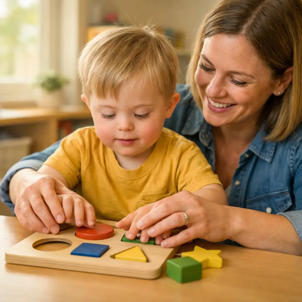 A young child with Down syndrome engaging in early intervention with an occupational therapist, focusing on fine motor skill development.