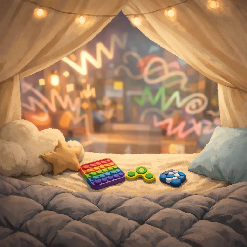 A child's sensory-safe space with a cozy tent, soft pillows, and fidget toys, providing a calm retreat from overwhelming surroundings.