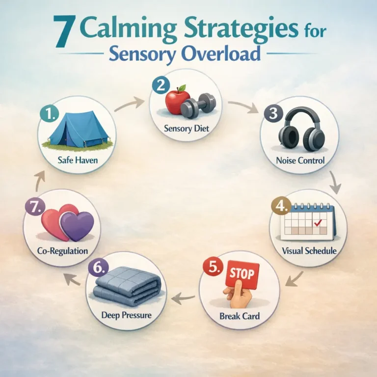 Infographic listing 7 calming strategies for sensory overload: Safe Haven, Sensory Diet, Noise Control, Visual Schedule, Break Card, Deep Pressure, and Co-Regulation.