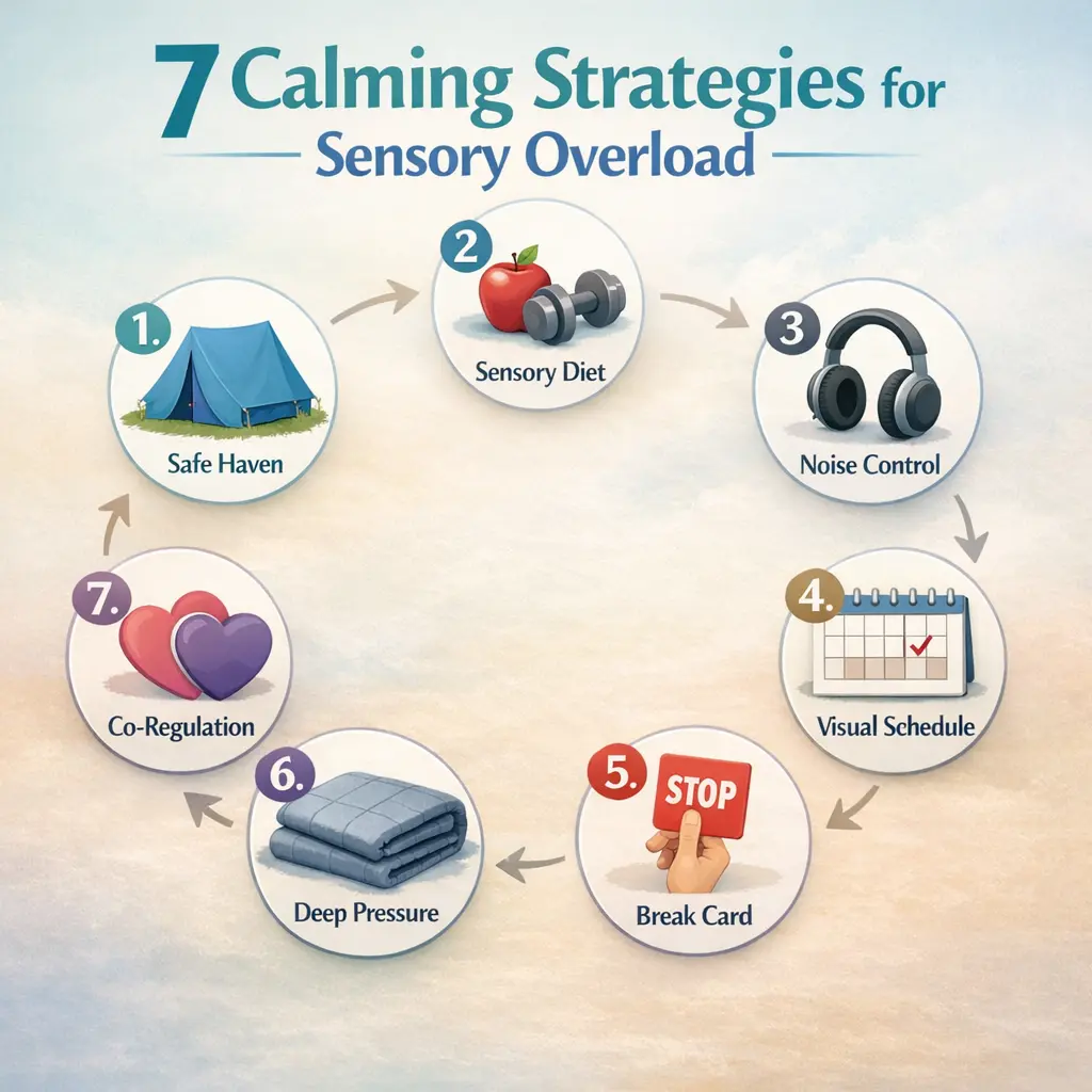Sensory Overload in Intellectual Disability: Recognizing Triggers and 7 Calming Strategies for Home Infographic listing 7 calming strategies for sensory overload: Safe Haven, Sensory Diet, Noise Control, Visual Schedule, Break Card, Deep Pressure, and Co-Regulation.