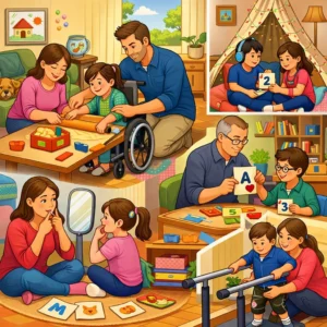 Best Home Activities to Improve Speech and Language Skills in Children An illustration depicting home activities for children with special educational needs, themed around home and home activities.