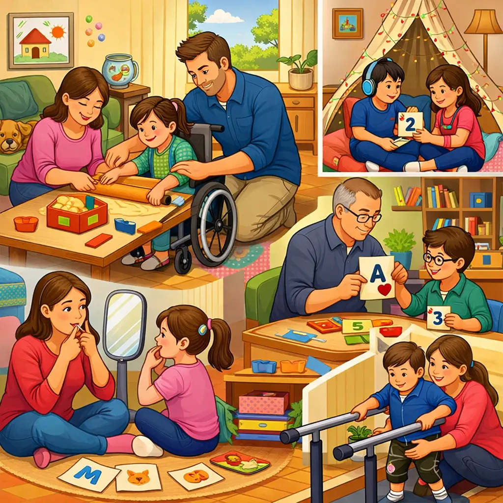 An illustration depicting home activities for children with special educational needs, themed around home and home activities.
