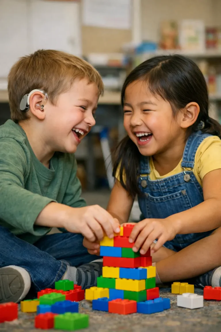 Supporting Social Skills and Friendships in Children with Hearing Loss: A Guide for Parents Two children playing together with blocks, one wearing hearing aids, demonstrating positive social skills and friendship in children with hearing loss.