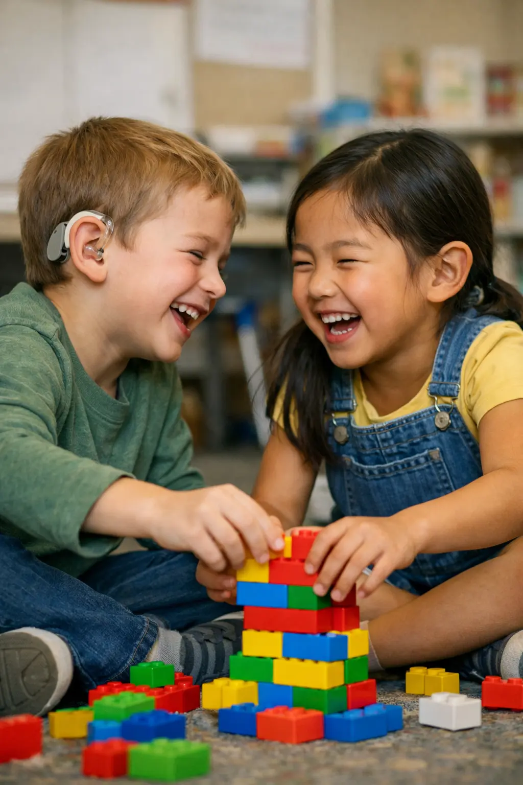 Two children playing together with blocks, one wearing hearing aids, demonstrating positive social skills and friendship in children with hearing loss.