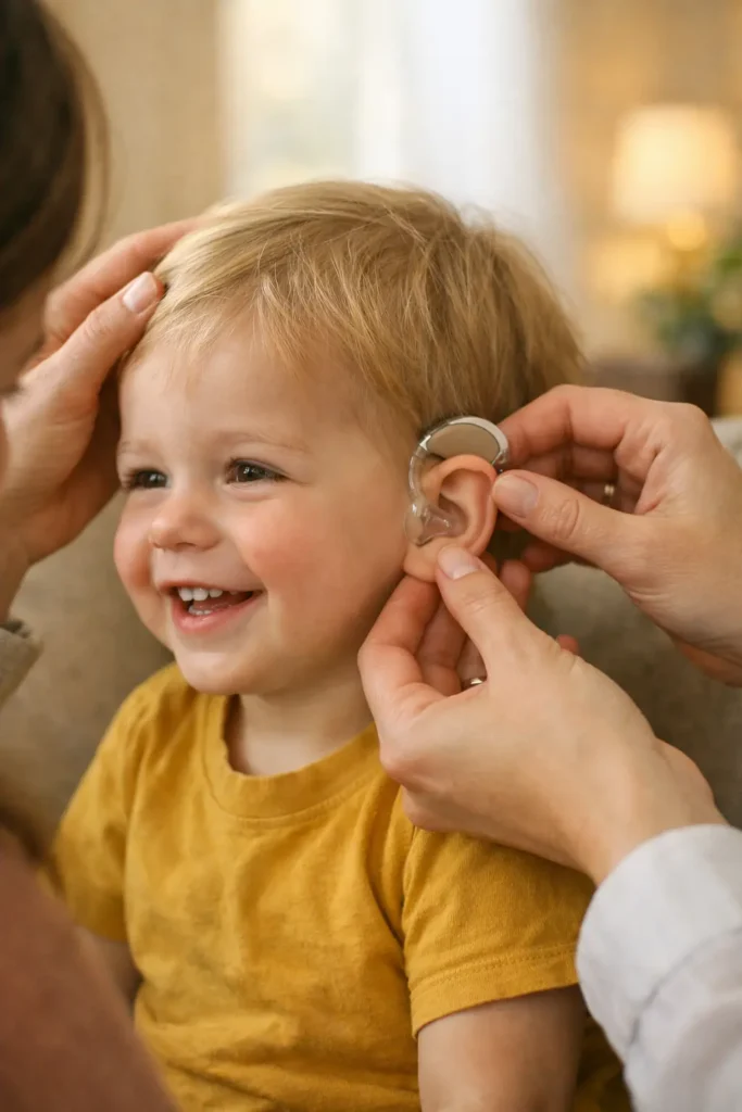A mother gently fits a behind-the-ear hearing aid on her smiling toddler, showcasing the first fitting of hearing aids for children at home.