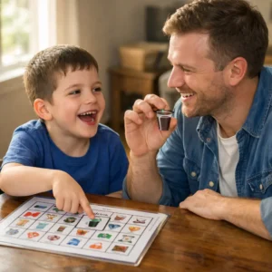 How to Improve Communication Skills in Nonverbal Children with Intellectual Disabilities A nonverbal child with an intellectual disability using a picture communication board (AAC) to successfully request a drink, with a parent modeling support.