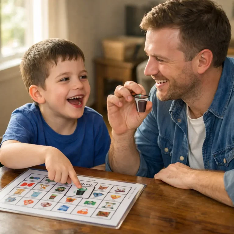 A nonverbal child with an intellectual disability using a picture communication board (AAC) to successfully request a drink, with a parent modeling support.