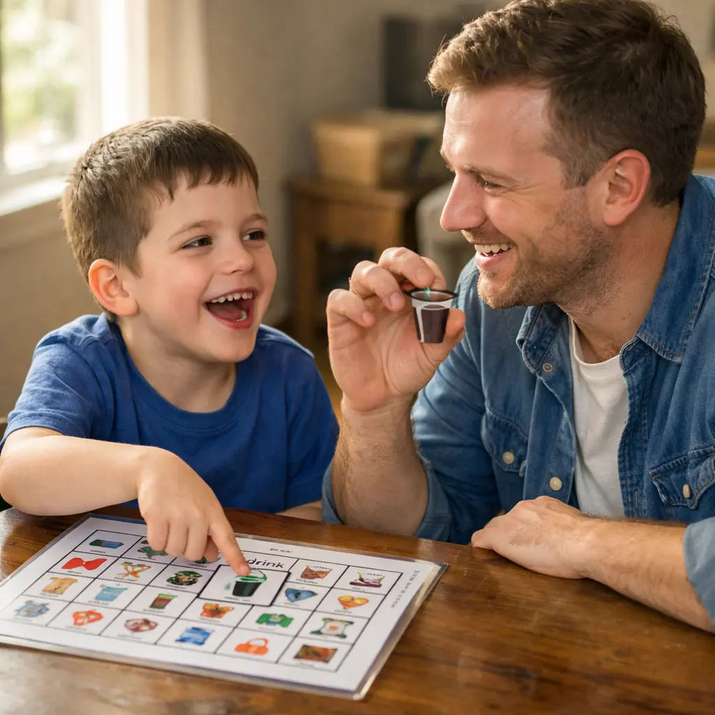 How to Improve Communication Skills in Nonverbal Children with Intellectual Disabilities A nonverbal child with an intellectual disability using a picture communication board (AAC) to successfully request a drink, with a parent modeling support.