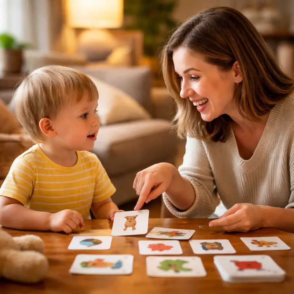 Parent observing early signs of speech and language disorders in a toddler