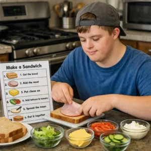 Life Skills Curriculum for Teens with Intellectual Disabilities: Teaching Independence at Home A teenager with an intellectual disability gains independence by following a visual picture guide to prepare a simple meal in the kitchen