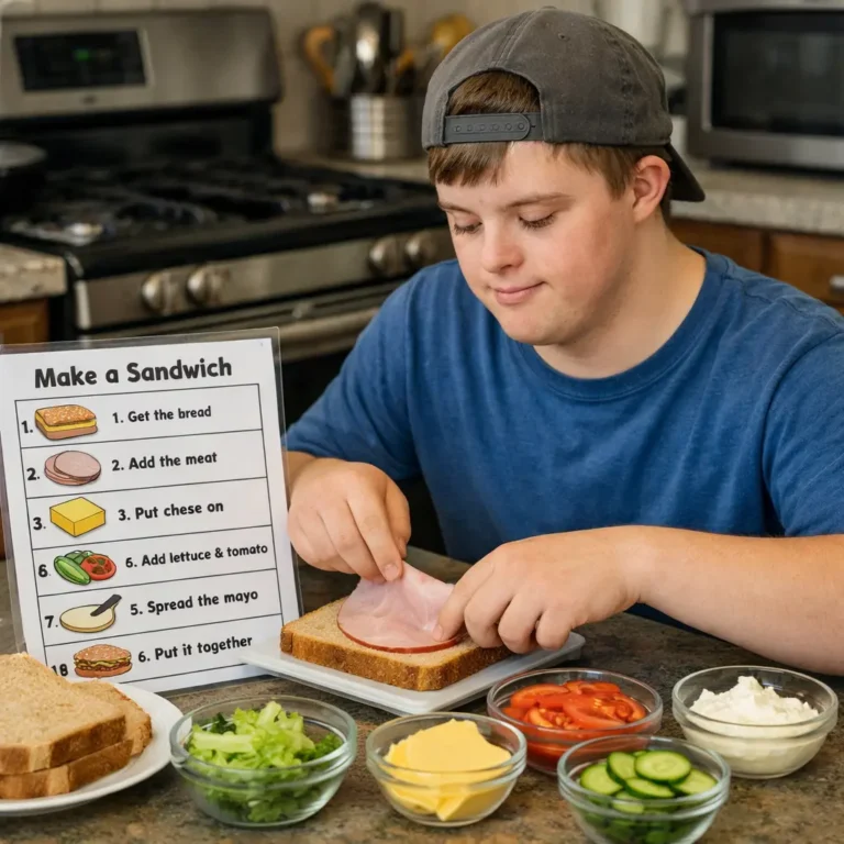 A teenager with an intellectual disability gains independence by following a visual picture guide to prepare a simple meal in the kitchen