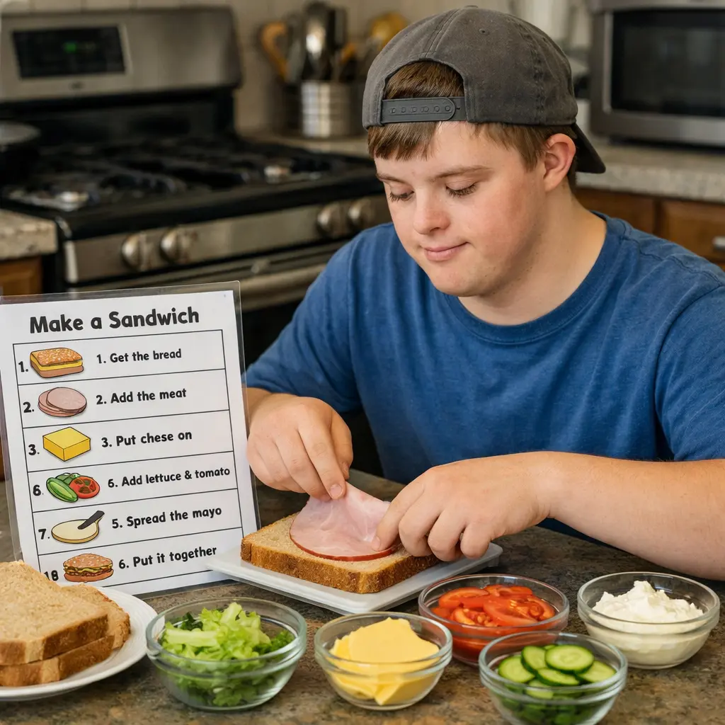 A teenager with an intellectual disability gains independence by following a visual picture guide to prepare a simple meal in the kitchen