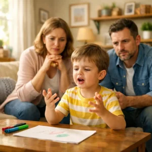 When Should Parents Worry About Speech Delay? A child with a speech delay trying to speak, and anxious parents observing him.