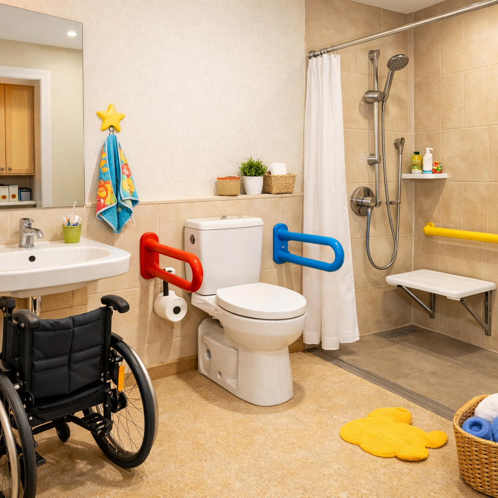 An accessible bathroom designed for a child with a physical disability, featuring a roll-in shower, grab bars, raised toilet, and wall-mounted sink.