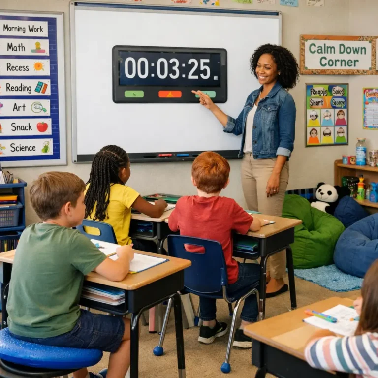 How to Create an ADHD-Friendly Classroom: 10 Strategies That Actually Work An ADHD-friendly classroom with a visual schedule, wiggle seat, timer, and calm-down corner, showing strategies that support focus and regulation.