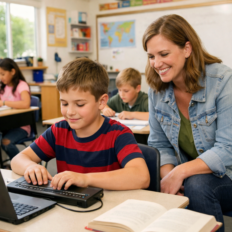 A blind student uses a refreshable Braille display in an inclusive classroom, demonstrating effective classroom accommodations for students with visual impairments.