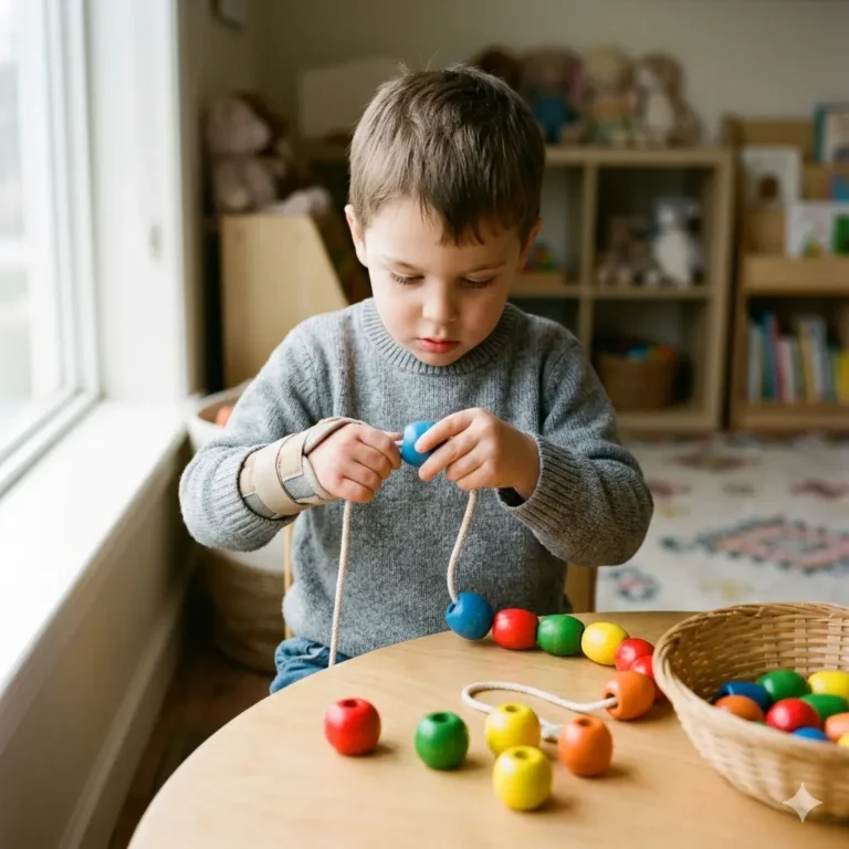 A child with an orthopedic impairment practices fine motor skills and hand-eye coordination by stringing colorful wooden beads at home.