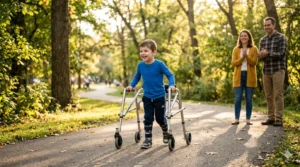 A child with cerebral palsy uses a posterior walker independently outdoors, demonstrating the freedom and mobility that the right mobility aid provides.