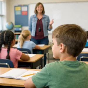 A child with unilateral hearing loss using an FM system in the classroom, seated with their good ear toward the teacher for optimal listening.
