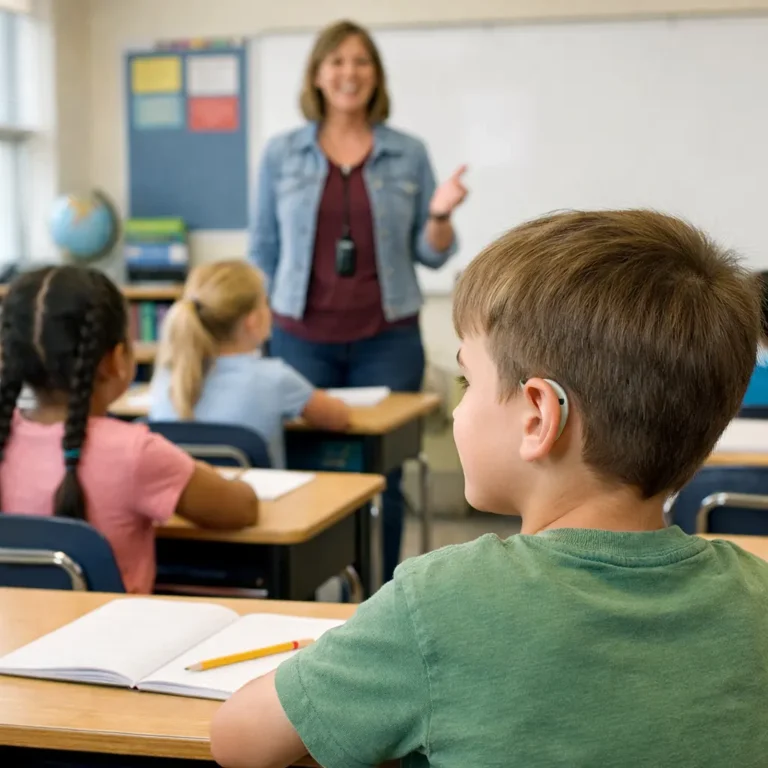 A child with unilateral hearing loss using an FM system in the classroom, seated with their good ear toward the teacher for optimal listening.
