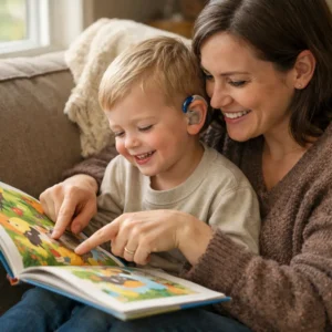 A parent reads with their deaf child, creating a language-rich environment for deaf children through shared storytime and interaction.
