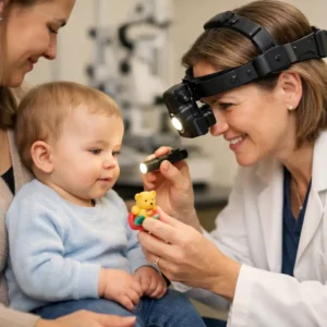 A pediatric ophthalmologist examines a baby's eyes, checking for early signs of vision loss in infants during a routine eye exam.