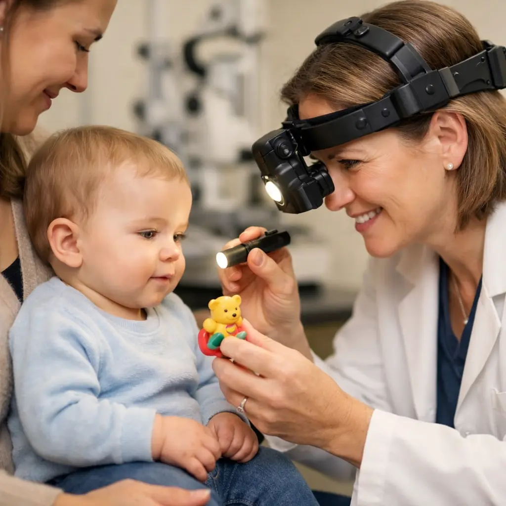 Early Signs of Vision Loss in Infants and Toddlers: A Parent's Checklist A pediatric ophthalmologist examines a baby's eyes, checking for early signs of vision loss in infants during a routine eye exam.