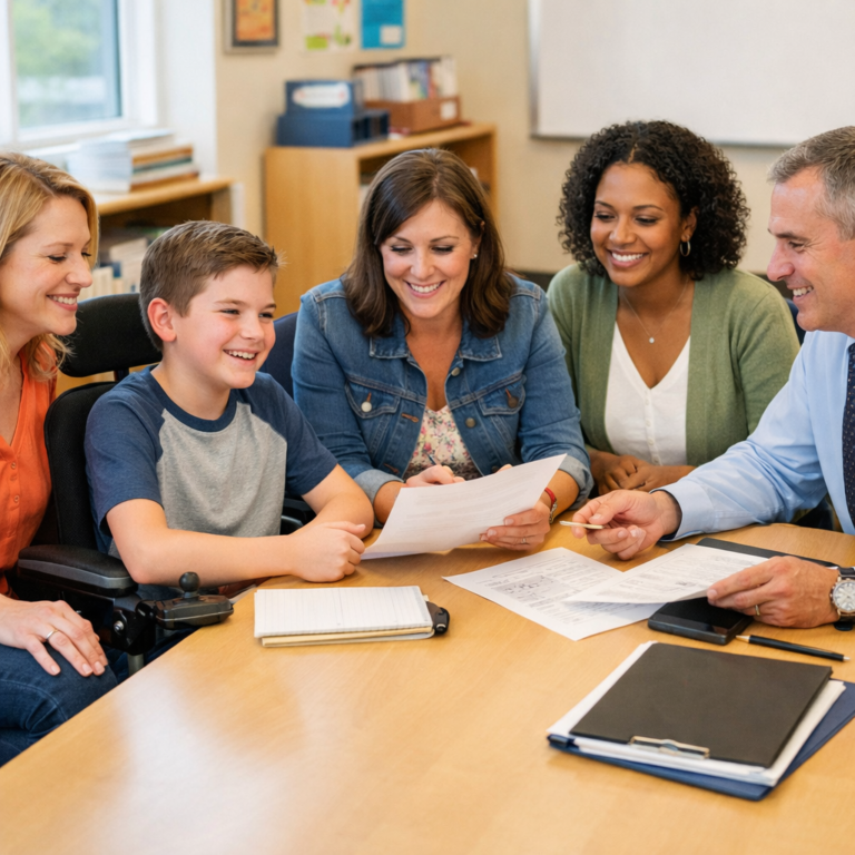 IEP Goals and Accommodations for Students with Physical Disabilities: A Guide for Parents An IEP team meeting includes a child with a physical disability, demonstrating collaborative planning for goals and accommodations.