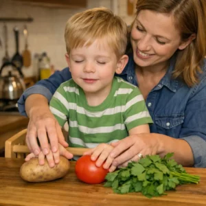 A parent guides a blind child's hands to explore vegetables in the kitchen, creating a sensory-rich home environment through everyday activities.