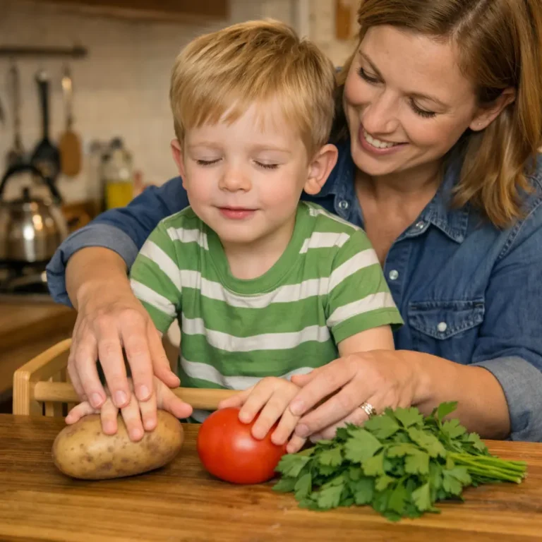 How to Create a Sensory-Rich Home Environment for a Blind or Visually Impaired Child A parent guides a blind child's hands to explore vegetables in the kitchen, creating a sensory-rich home environment through everyday activities.