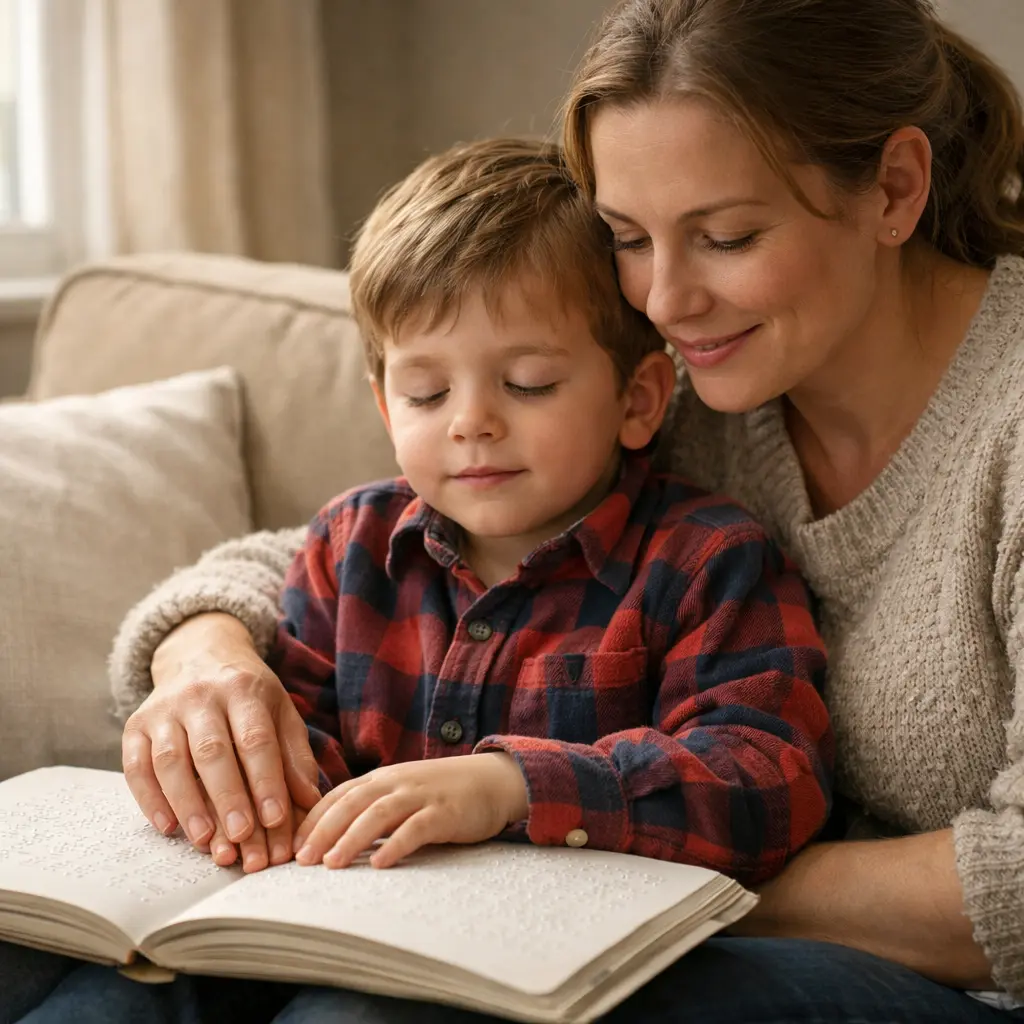 Teaching Braille to Young Children: Fun Activities and Resources for Parents A parent and blind child read a Braille book together at home, demonstrating the joy of teaching Braille to young children through shared storytime.