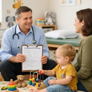 A pediatrician discusses developmental screening for ADHD with a parent and toddler during a routine check-up.