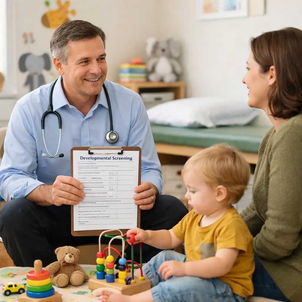 A pediatrician discusses developmental screening for ADHD with a parent and toddler during a routine check-up.