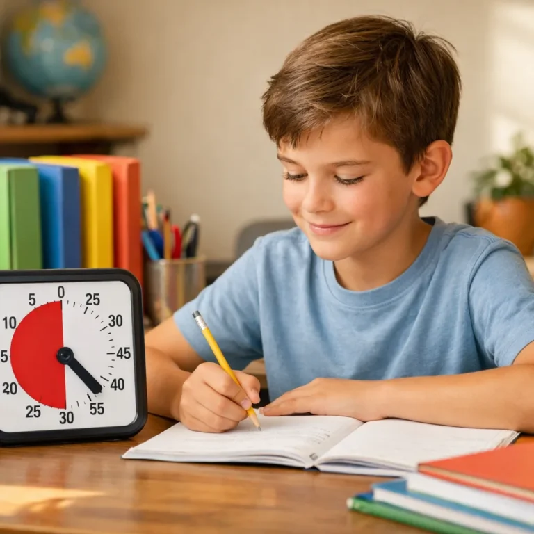 Executive Functioning Skills in Kids with ADHD: Activities to Improve Organization, Time Management, and Emotional Control A child with ADHD uses a visual timer to manage homework time, building time management and executive functioning skills at home.