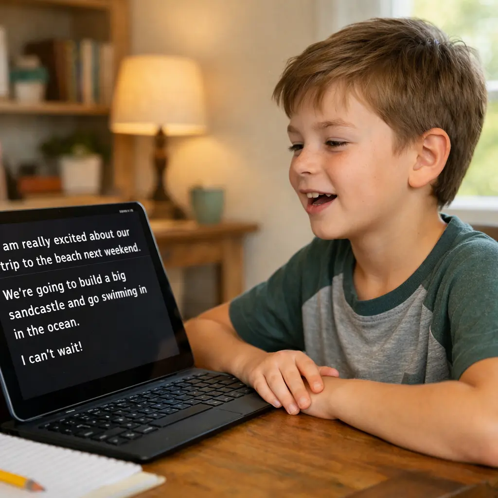 A child with dysgraphia uses speech-to-text assistive technology to write, reducing the physical burden of handwriting.