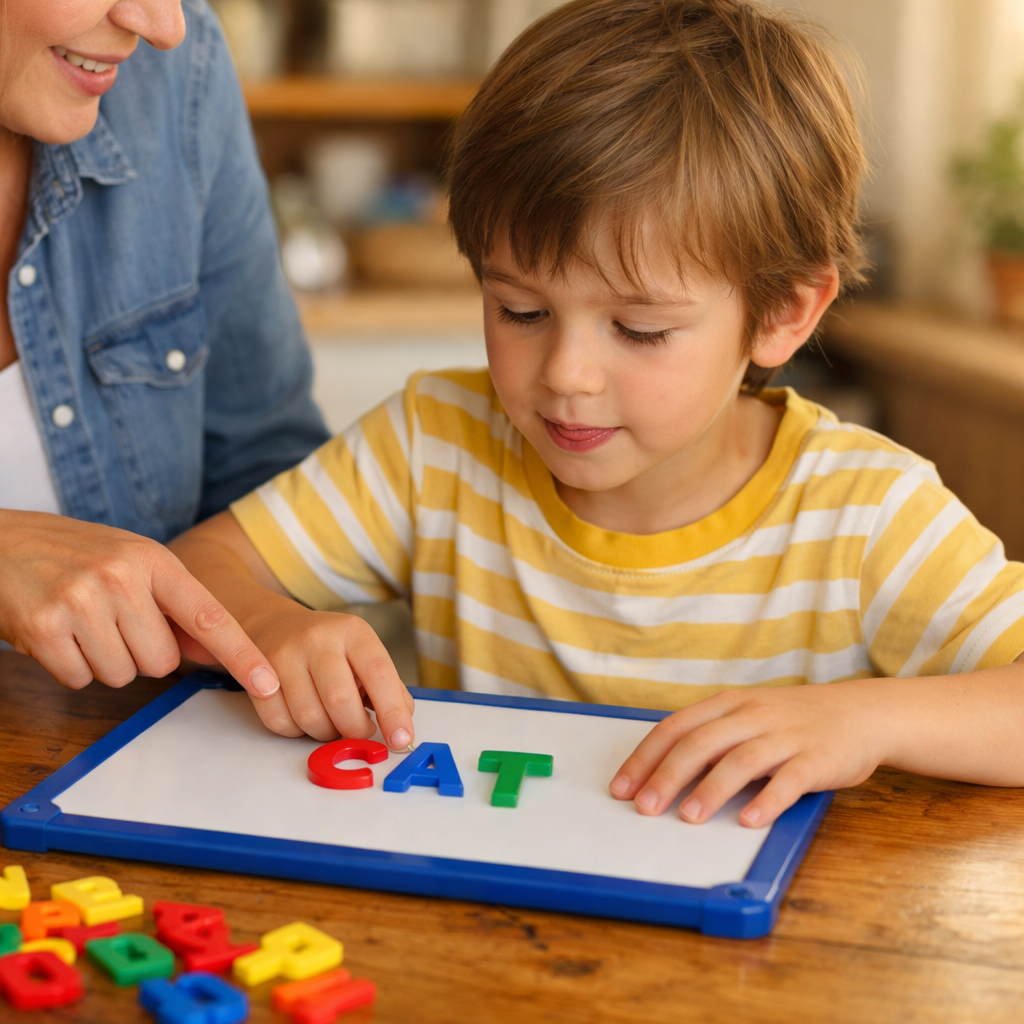 Dyslexia in Children: Early Signs, Effective Reading Strategies, and Classroom Accommodations A child with dyslexia uses magnetic letters to build words, a multisensory reading strategy that supports early decoding skills.