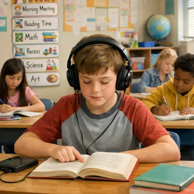 A student with dyslexia uses audiobook accommodations in an inclusive classroom, following along with the printed text while listening.
