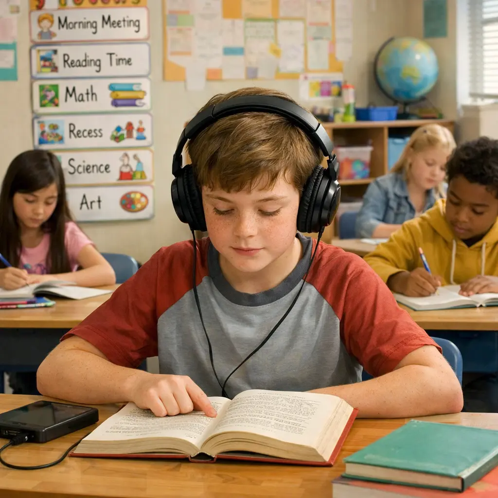 Dyslexia in Children: Early Signs, Effective Reading Strategies, and Classroom Accommodations A student with dyslexia uses audiobook accommodations in an inclusive classroom, following along with the printed text while listening.