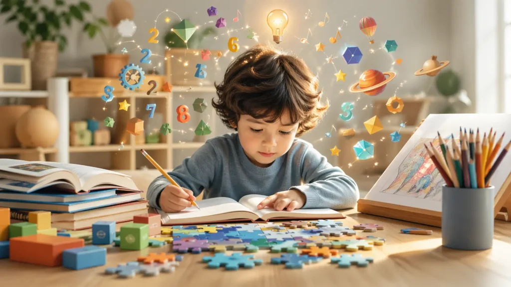 Curious young child multitasking advanced learning activities representing gifted intelligence.
