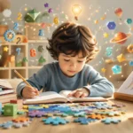 Curious young child multitasking advanced learning activities representing gifted intelligence.