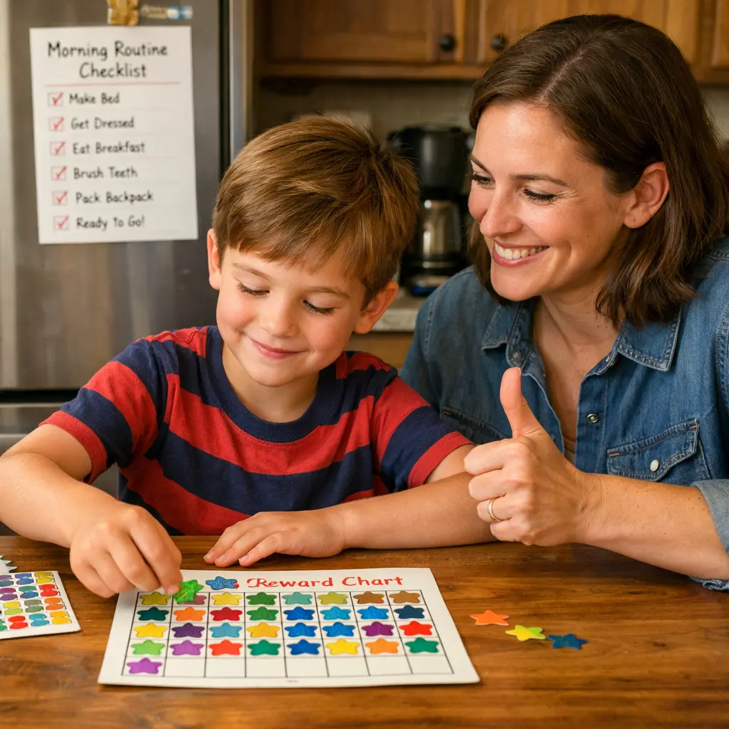 A parent uses a token board with their child, implementing positive reinforcement strategies to build cooperation and reduce ADHD-related challenges at home.